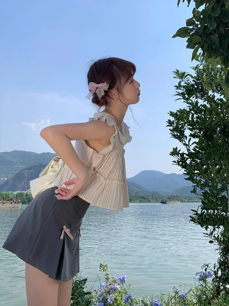 Лето 2024 розовая рубашка в полоску с кукольным воротником и коротким рукавом топ