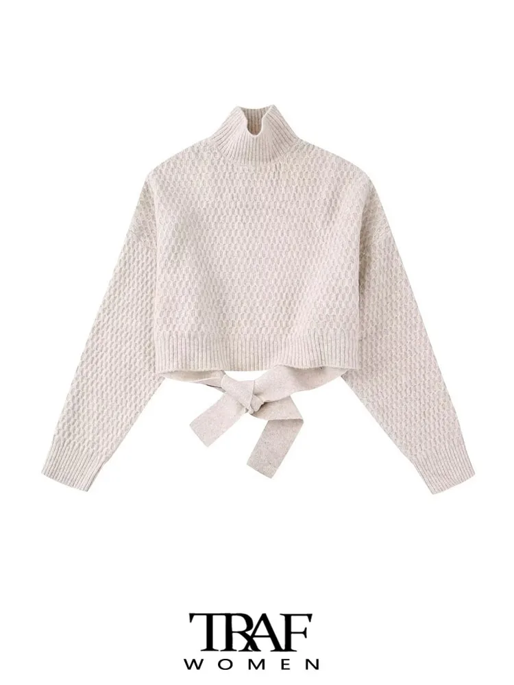 

TRAF Women Fashion Back Open With Tied Knit Cropped Sweater Vintage High Neck Long Sleeve Female Pullovers Chic Tops