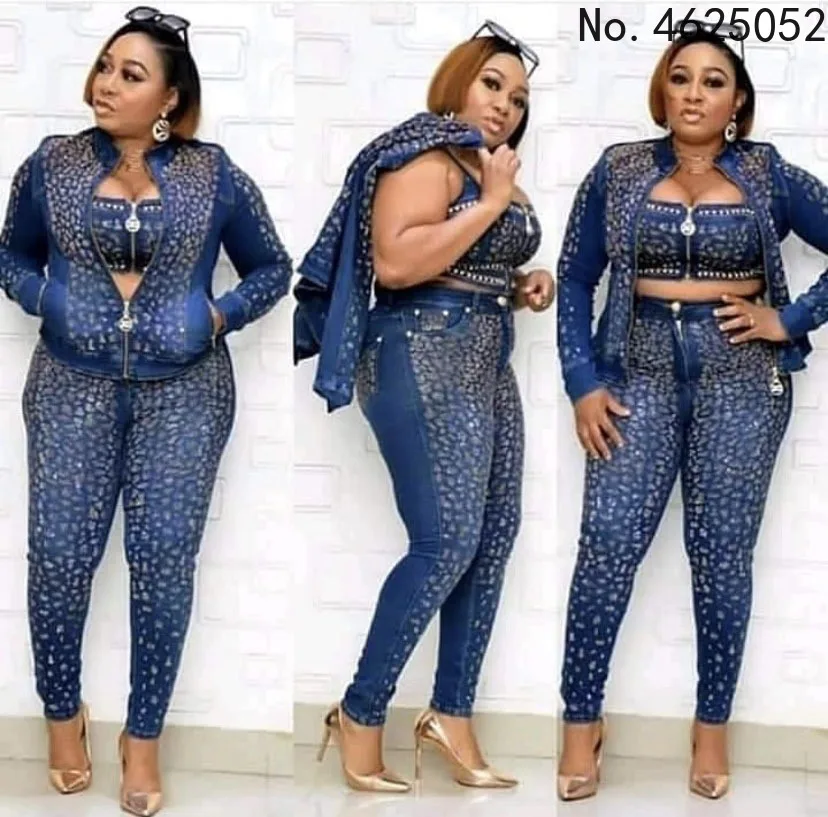 

2022 Casual African Denim 3 Piece Sets Ladies Full Sleeve Tops And Pants With Bra Sets Fashion Flowers Tracksuit Sets For Women
