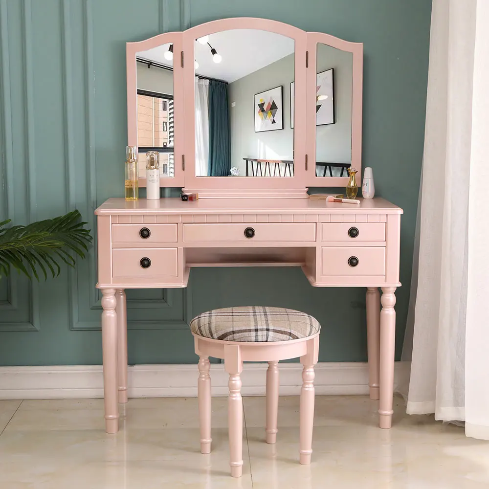 

Dresser Three-Fold Square Mirror Drawers Roman Column Table And Stool with Dressing Table Dresser Desk 7Day Delivery