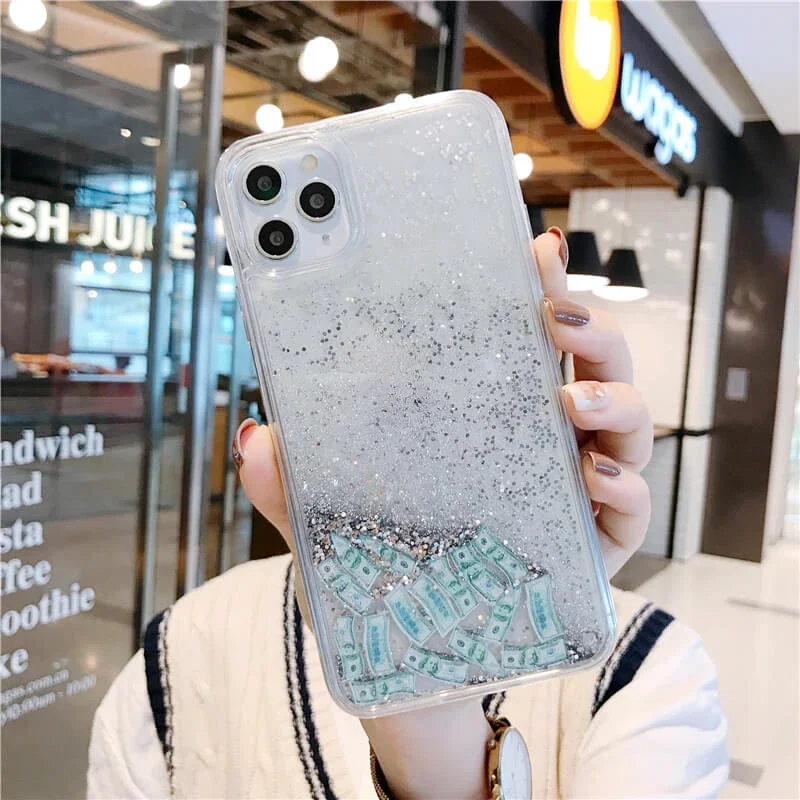 Фото Чехол Dollar Quicksand для iPhone 16, 14, 15, Pro Max, чехол для телефона, блестящий движущийся песок, золотые, серебряные фигурки, ракушка, жидкий корпус №3