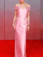 column celebrity style elegant engagement prom dress off shoulder short sleeve floor length satin with sleek 2022
