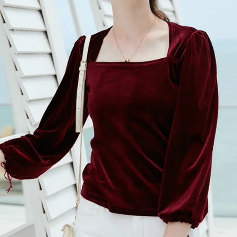 

Long Puff Vintage Sleeve Neck Square Polyester T-Shirt Female Pleuche Solid Casual Tops S-XL 3 Color Women Autumn Winter Tshirts