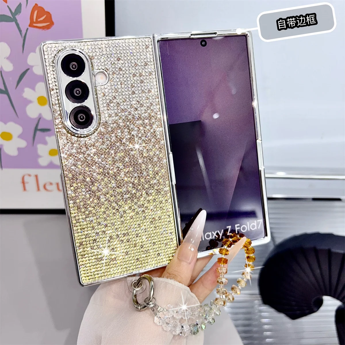 Фото Роскошный градиентный чехол с блестками и стразами для Samsung Galaxy Z Fold 8/7/6/5, с кристальной цепочкой и серебряным бампером №5