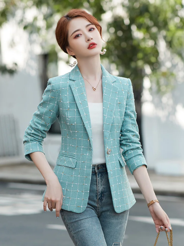 

QOERLIN Checked Blazer Women Spring-Autumn Vintage Tweed Suits Jackets Office Ladies Chic Slim Blazers Elegant One Button Coat