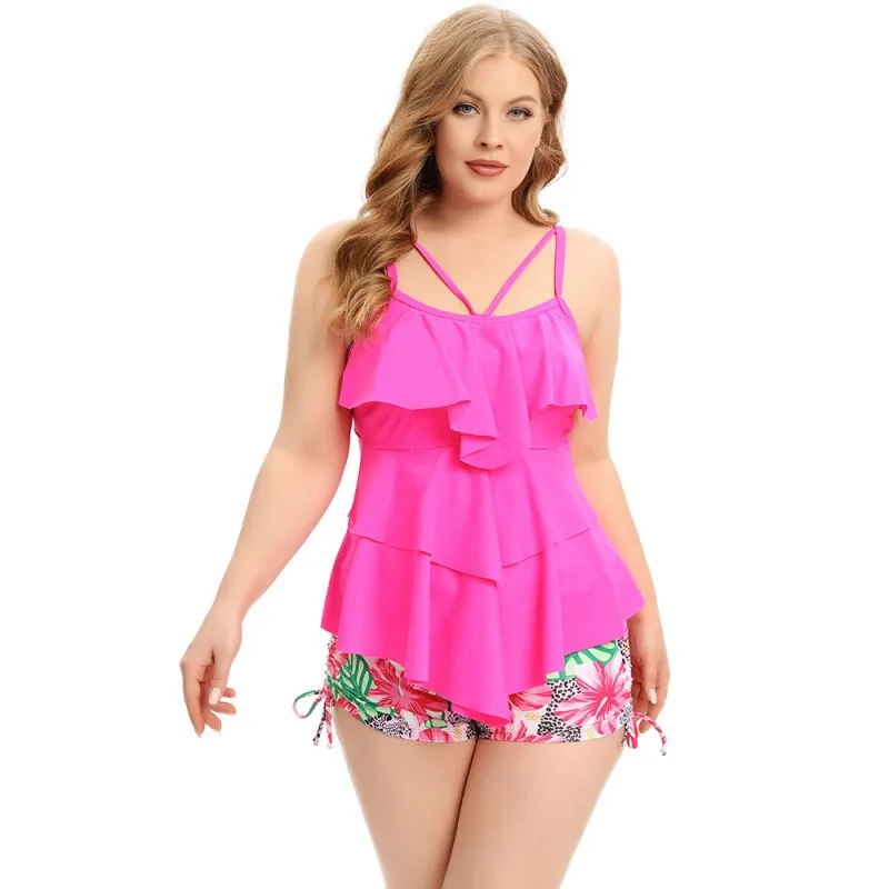 2023 New Large Size Ruffle Swimwear Women Bikini Swimsuit Women Sport Beachwear Sets With Tankini Short Printed Sleeveless Top