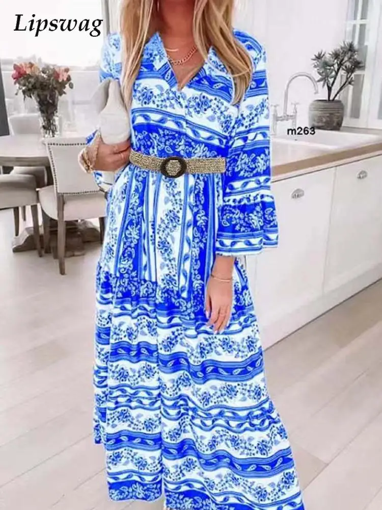 

Женское длинное платье с принтом, элегантное офисное платье с V-образным вырезом, расклешенным длинным рукавом, повседневное свободное пляж...