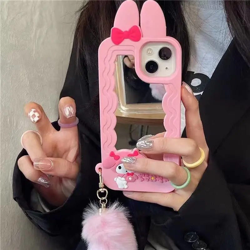 

Hello Kitty Melody Silicone Cover for iPhone11 12 13 Pro Max Mini X XS MAX XR Pink 3D Cartoon Mirror Plush Pendant Phone Case