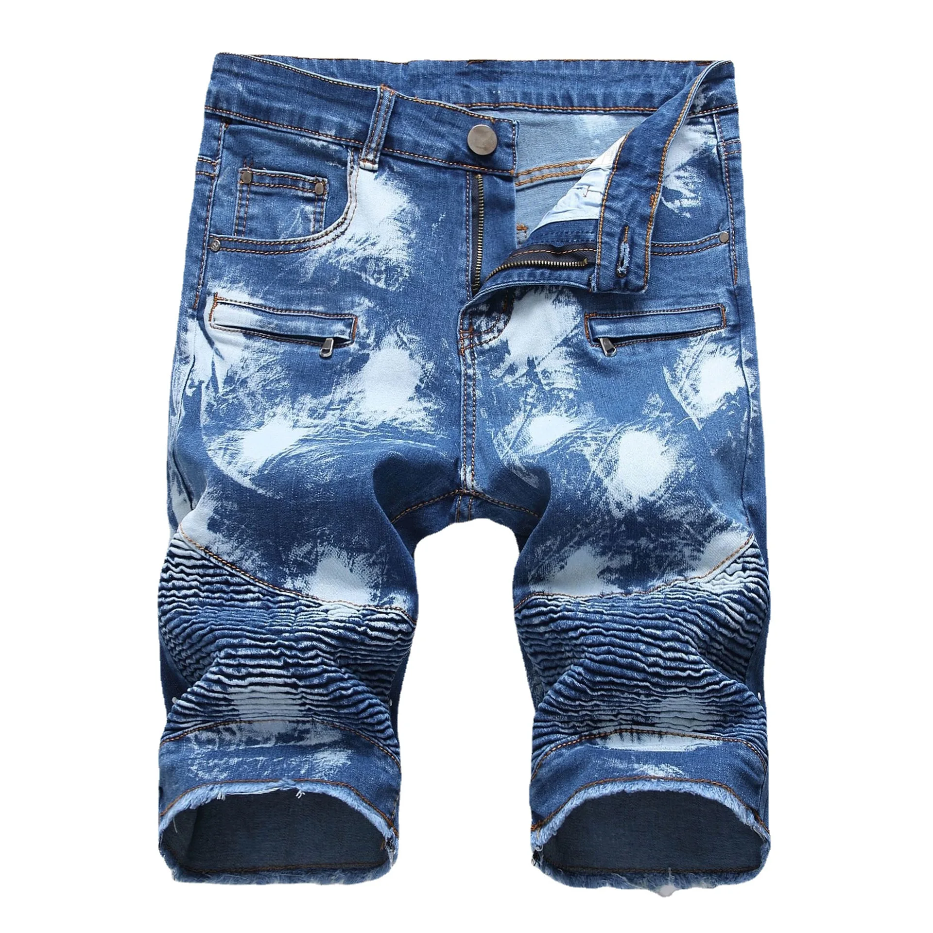 Men's denim casual sports shorts Motorcycle zipper wrinkle men's  stretch mid-length pants quarter