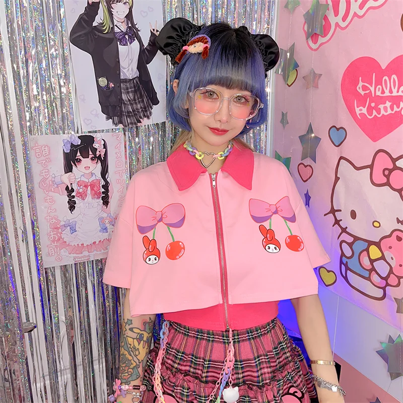 

Kawaii Anime Sanrioed Mymelody Lapel Short-Sleeved Japanese Harajuku Style Sweet Girl Color Matching Fake Two-Piece T-Shirt Top