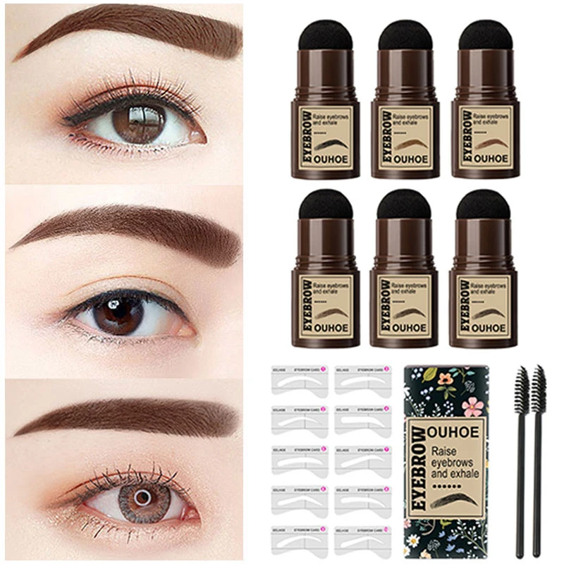 

One Step Eyebrow Stamp Brow Powder Brush Waterproof Stencil Definer Eyebrow Powder Card Brush Kit Makeup Stencils Set