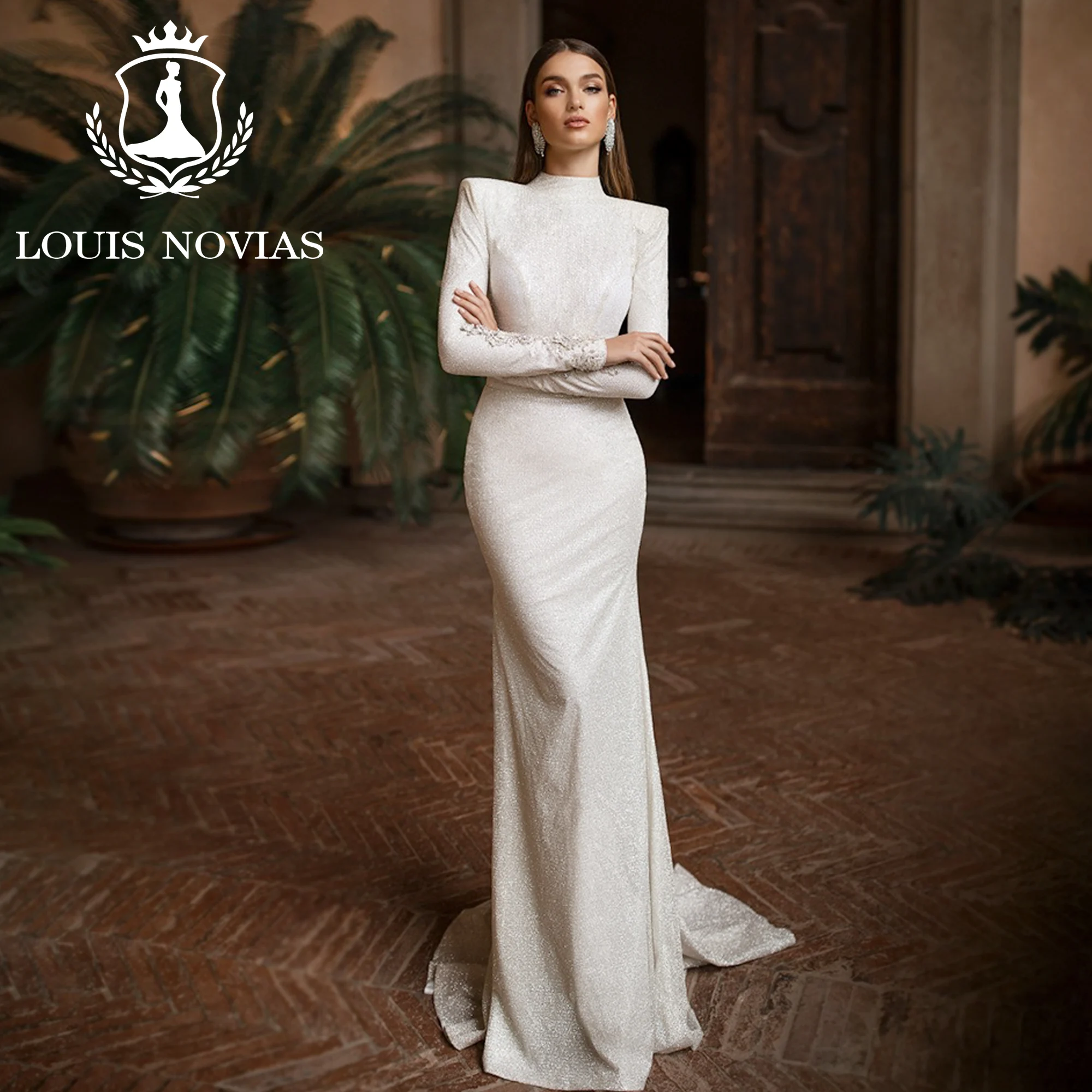 

Женское свадебное платье с юбкой-годе LOUIS NOVIAS, сияющее платье с длинным рукавом, лямкой на шее, вырезом и шлейфом, свадебное платье, 2023