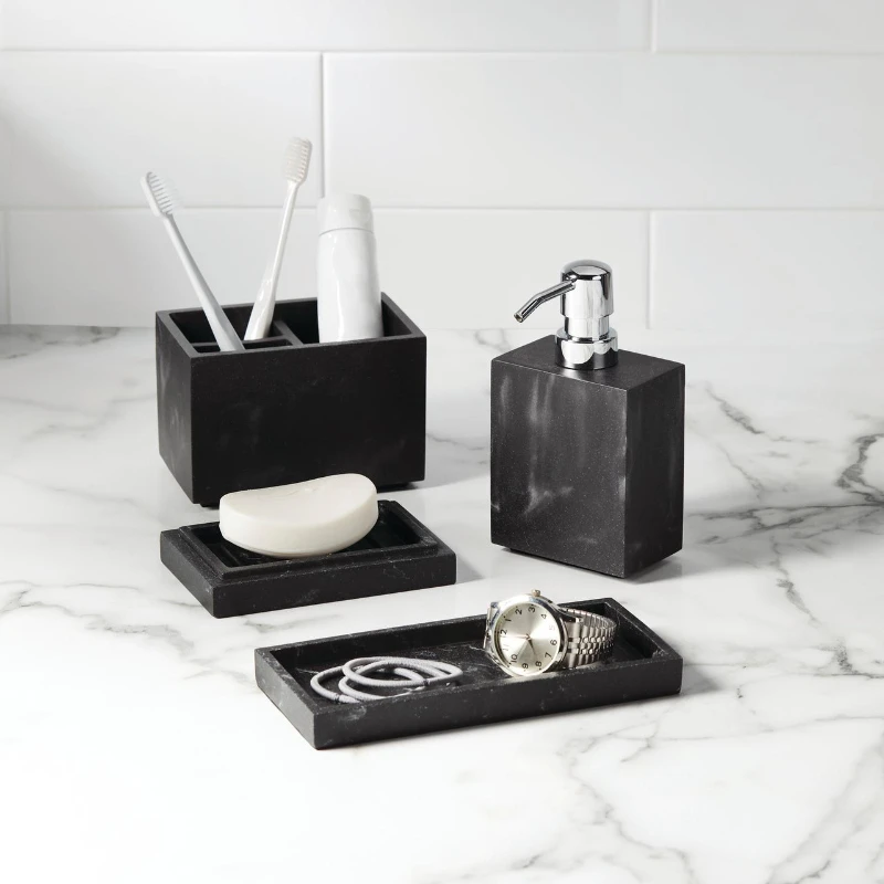 

Черный органайзер для туалетного столика, 4 шт., в комплект входит дозатор для мыла с крышкой и подходящий лоток
