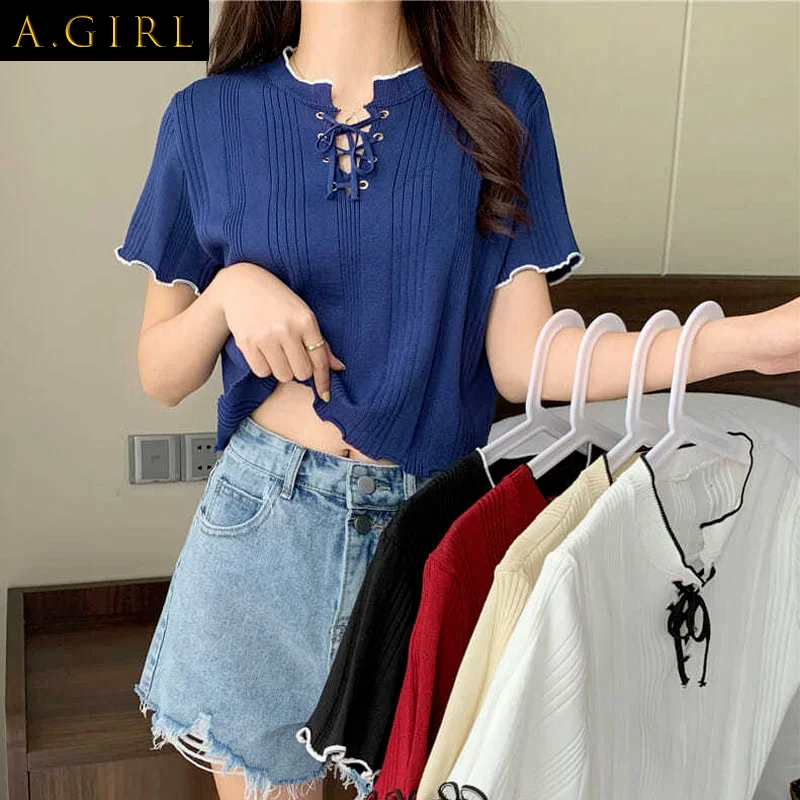 

T-shirts Women Solid Color Bandage Screw Thread Short Sleeve Knitting Sweet Maiden Students All-match Retro Tops Simple Korean