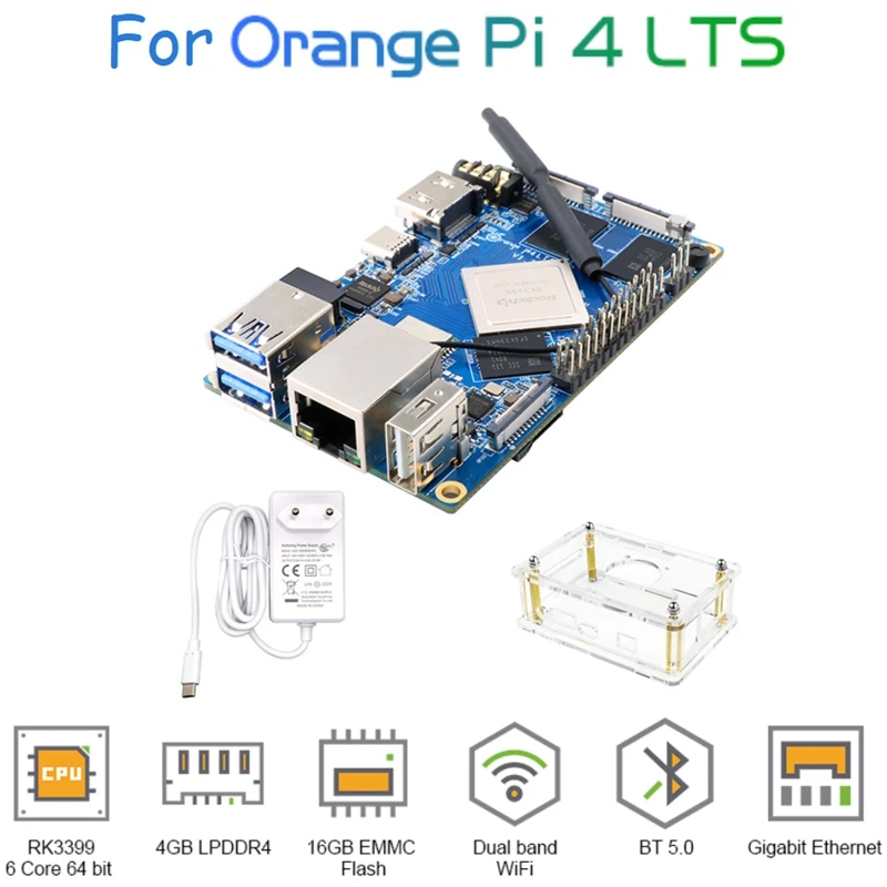 

Плата разработки для Orange Pi 4 LTS 4 Гб Rockchip RK3399 16 Гб EMMC + источник питания 5 в 4 а + акриловая фотография