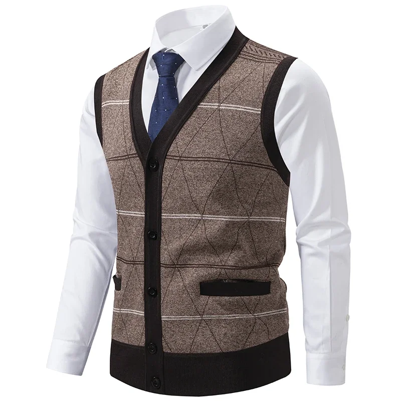Новинка осенние мужские вязаные жилеты клетчатый Повседневный свитер мужская
