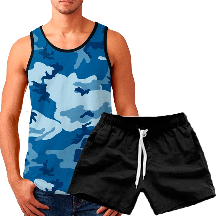 2023 summer new mens Camouflage Sleeveless vest+shorts 2-piece suit round neck slim underwaist Men's Sets Asian size