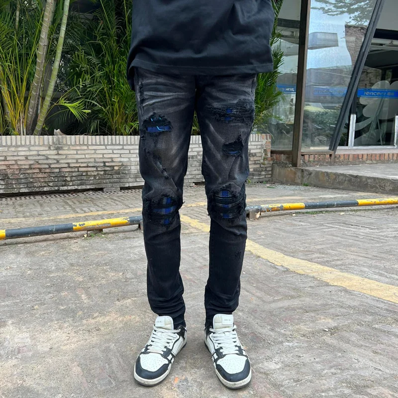 Street Fashion Men Jeans Retro Black Gray Stretch Elastic Skinny Ripped Jeans Men Patched Designer Hip Hop Brand Pants Hombre