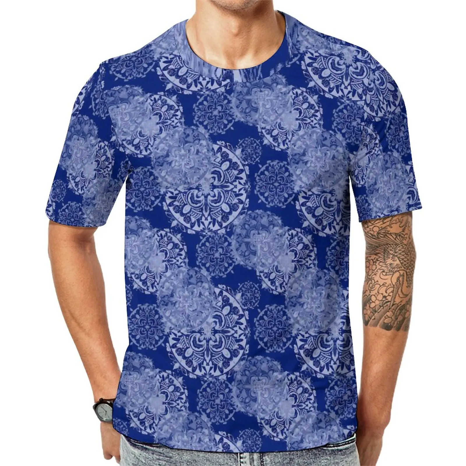 

Boho Mandala T Shirt Blue Retro Floral Vintage T-Shirts Male EMO Tshirt Original Short Sleeves Custom Top Tees 4XL 5XL 6XL