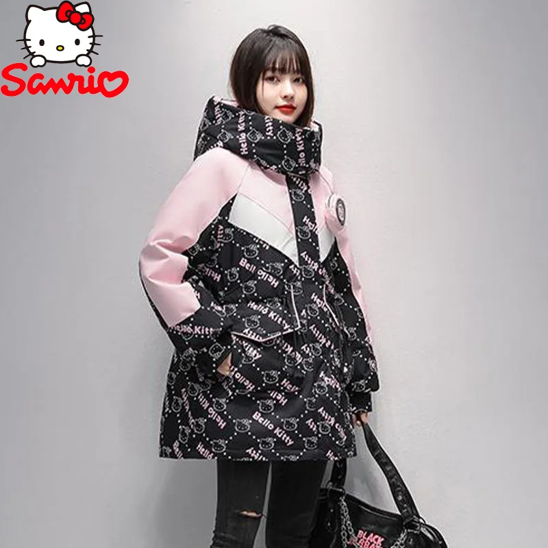 

Kawaii Hello Kitty Sanrio Down Jacket Mid-Length Winter Cute Cartoon Hello Kitty Waist Letter Print Jacket Plush Gift