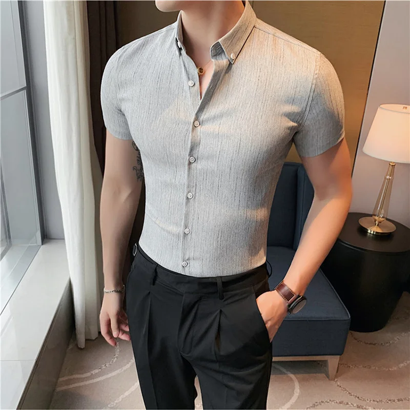 

2022 Striped Shirts for Men Short Sleeve Slim Casual Shirt Business Formal Dress Shirts Social Party Tuxedo Blouse Man Clothing
