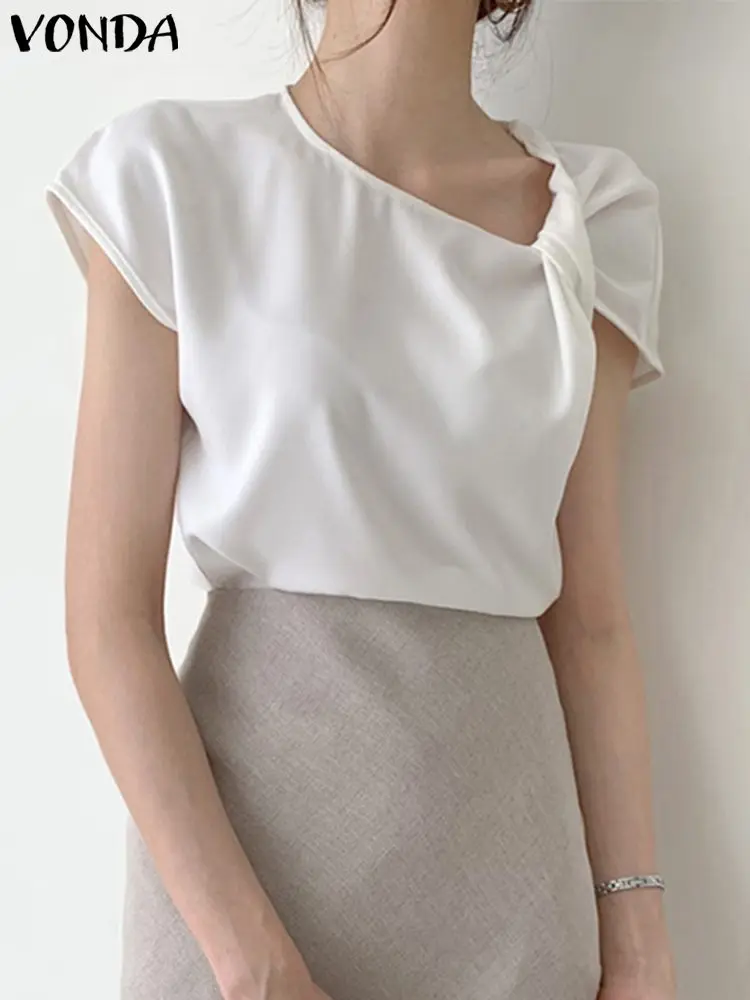 

Свободная плиссированная рубашка VONDA Y2K без рукавов, топы, стильная женская модная летняя блузка, Повседневная Однотонная рубашка, женские б...