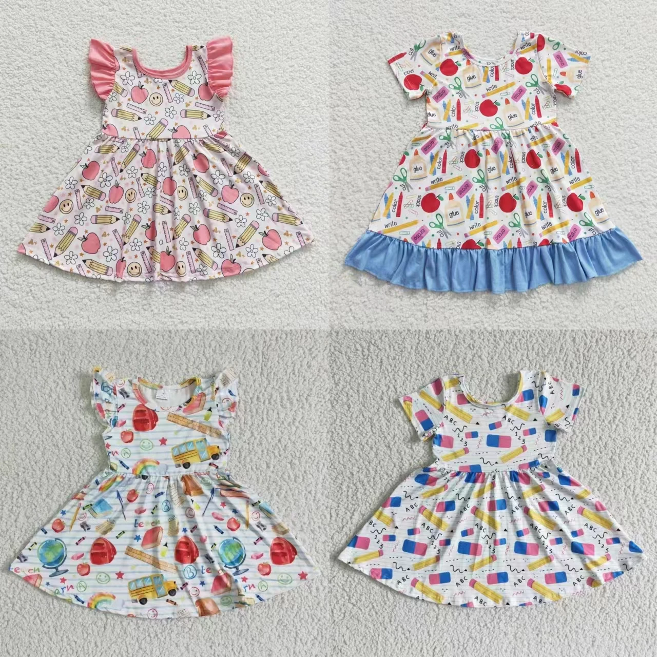 Apples Back To School Short Sleeves Clothing Kid Twirl Dress Children Toddler Clothes