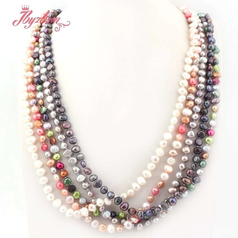

6-7mm Freeform Irregular Natural Freshwater Pearl Knotted Beaded Vintage Elegant Long Necklace Women Exquisite Jewelry 32"