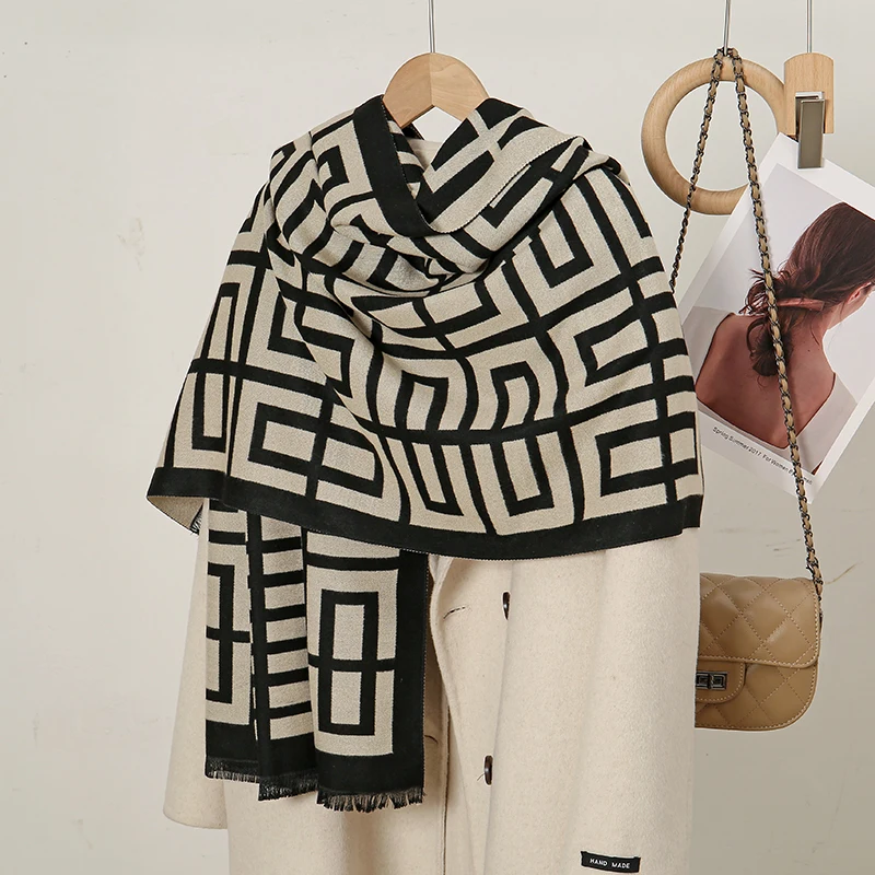 Новый блочный шарф с геометрическим принтом ветрозащитная уличная Женская шаль