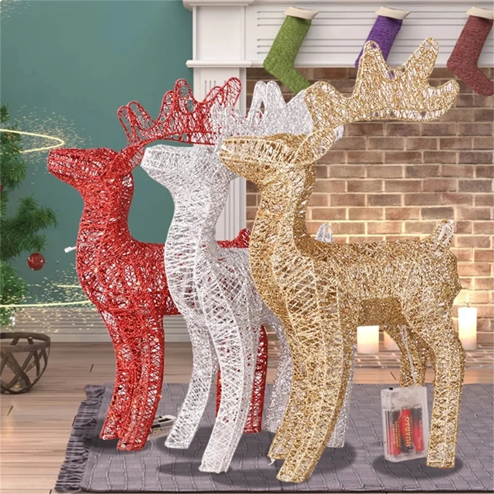 

40cm Christmas Wrought Iron Deer With LED Light Glowing Flashing Elk Statue Glitter Sequins Reindeer Xmas Ornament Home Decor