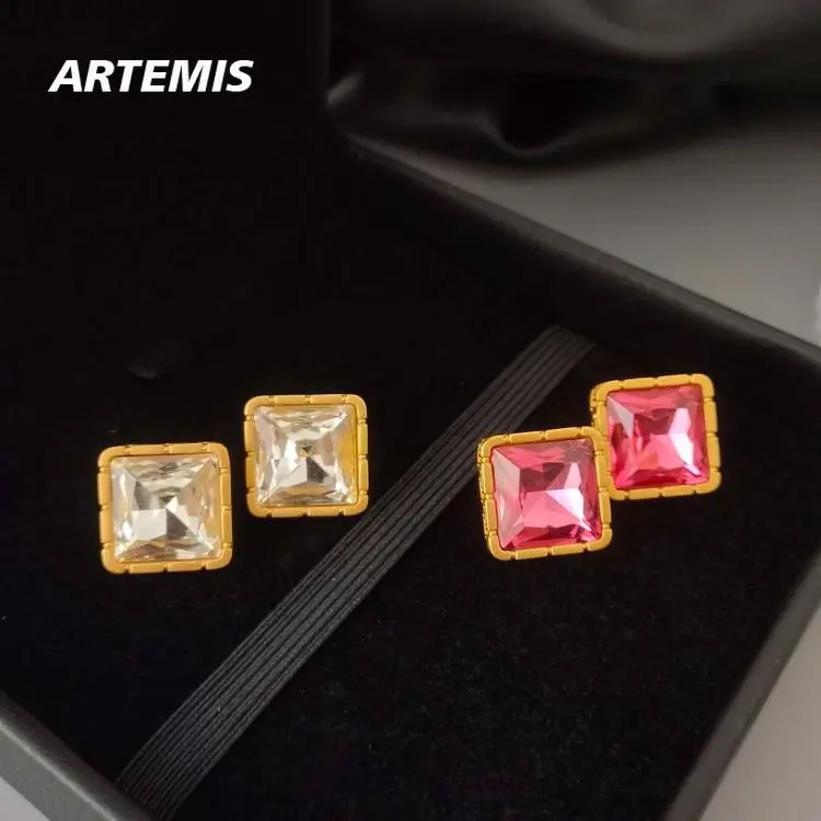 

Europe Designer Transparent Pink Square Crystal Brass Earrings Hairclips Women Brand Jewelry Party Trend