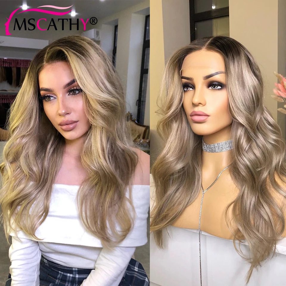 13x4 Ash Blonde Highlight Lace Front Wig Brown Ombre Deep Wave Lace Front Remy Human Hair Wigs HD Transparent Lace Frontal Wigs