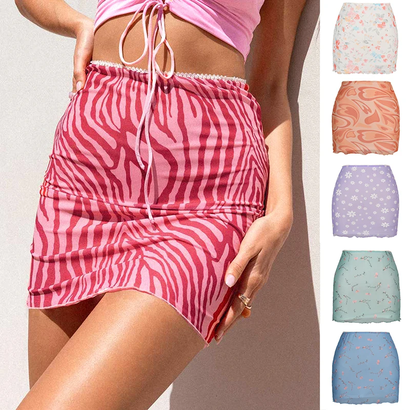 

Summer Mesh Floral Mini Skirts Women Sexy Print Fashion Outfits Double Layer Y2K Bodycon Skirt Leopard Printing Pencil Skirt