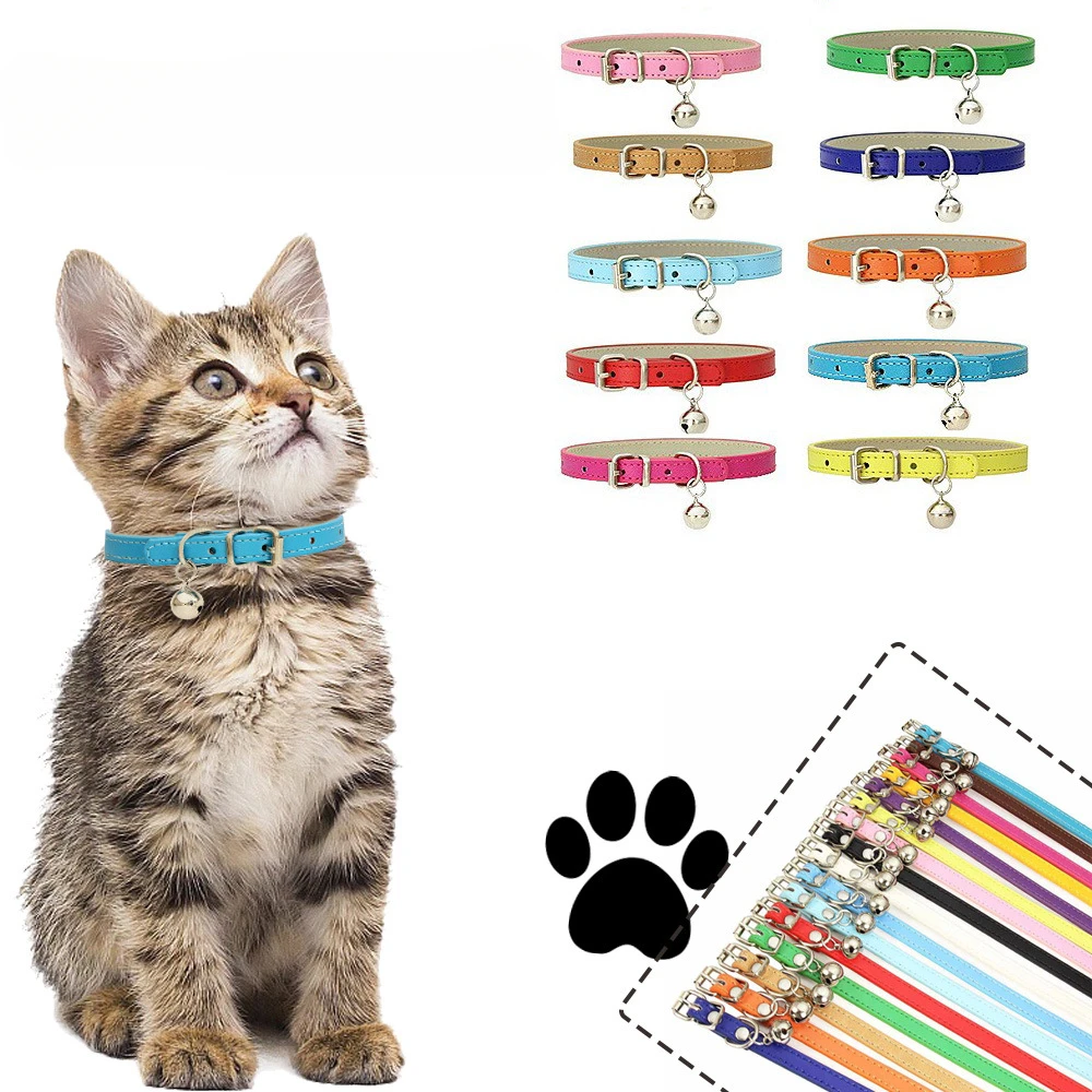 

Fashion Leather Pet Cat Collar Solid Colour Cute Bell Adjustable Collars for Cats Kitten DIY Pet Accessories Adjustable 15-55cm