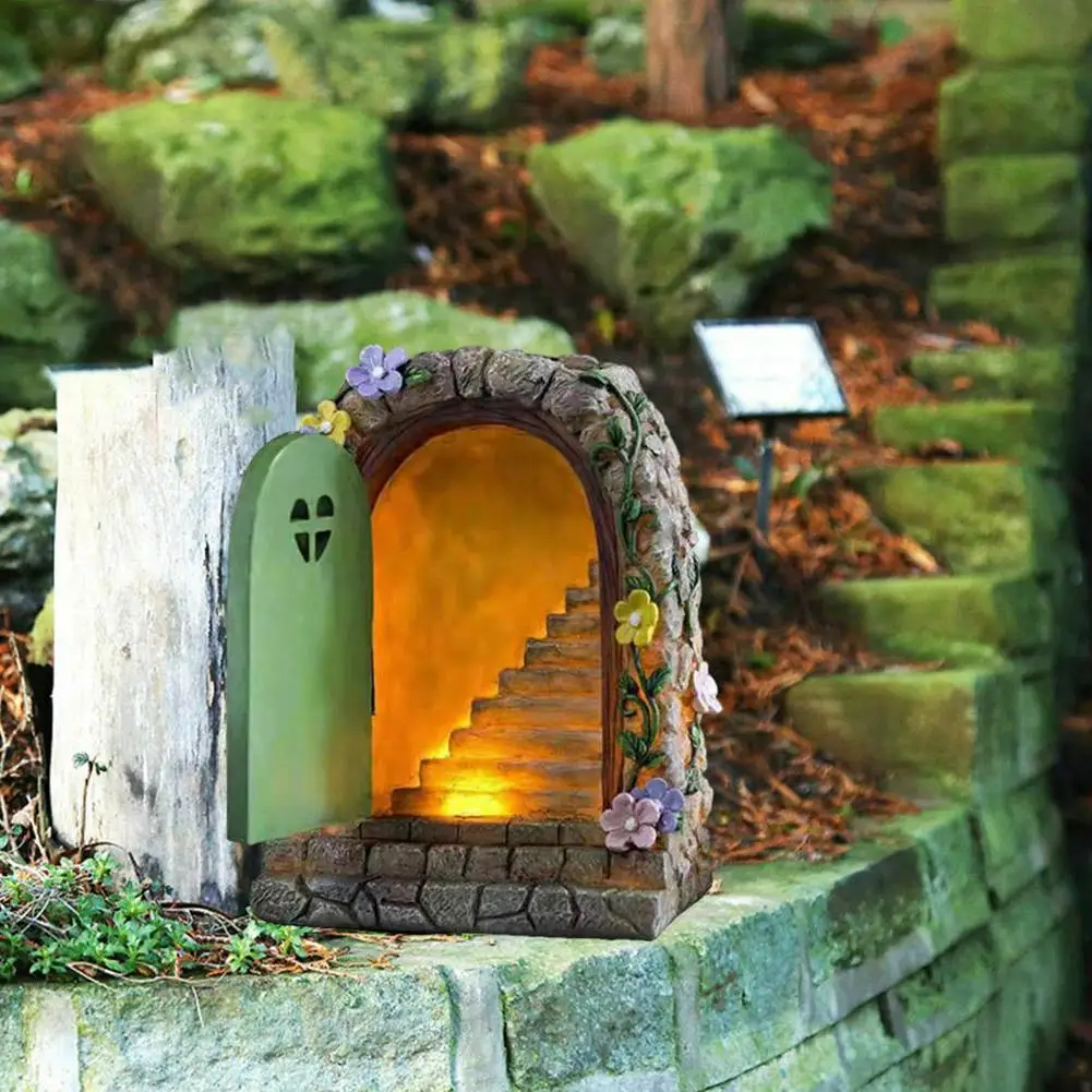 solar garden resin fairy door light for trees statues house face art gnome yard elf fairy accessories garden statues decor free global shipping