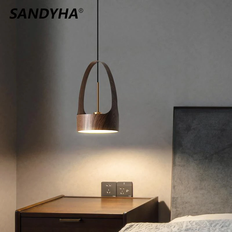 

SANDYHA Nordic Art Imitation Small Chandelier Modern Simple Wood Grain Bedside Led Lamp for Dining Room Bedroom Pendant Lights
