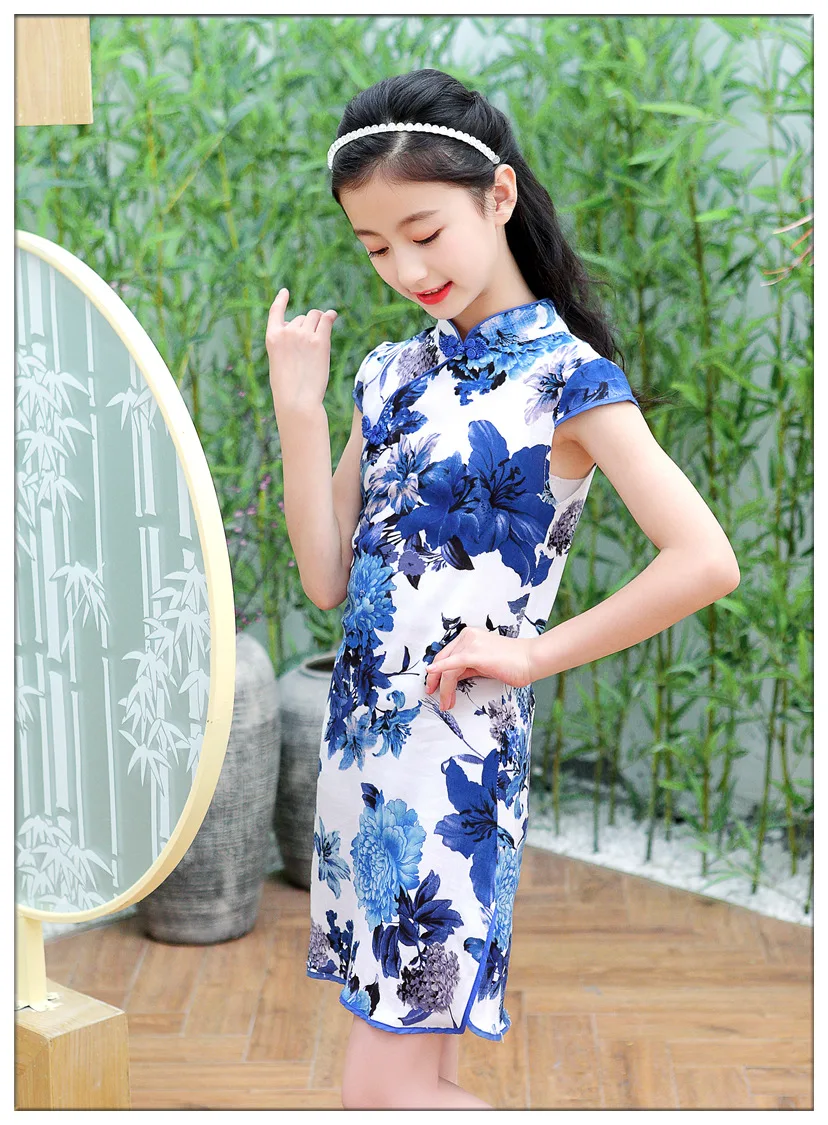 Детское китайское платье-Ципао Qipao сине-белое фарфоровое платье с цветочным