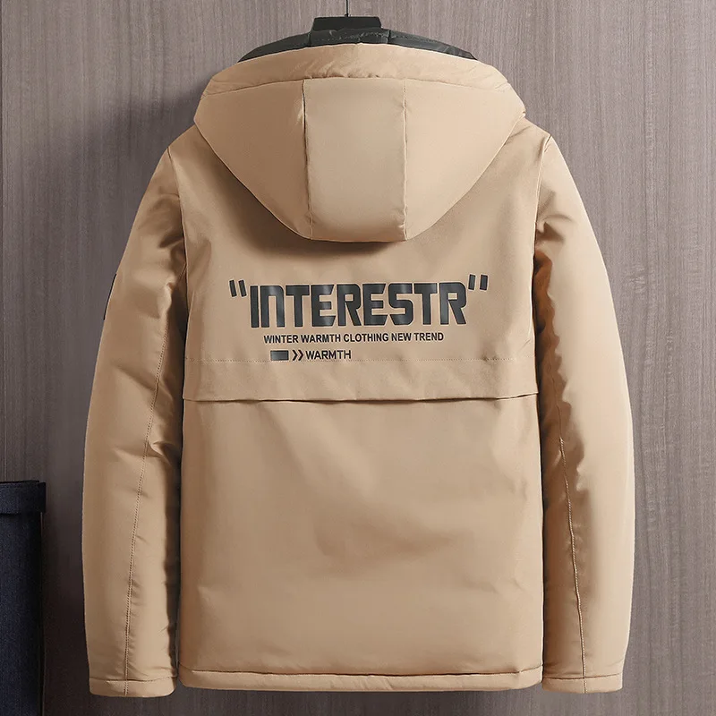 Men's Fashion Letter Print Hooded Winter Coat Couples Large Size Thickened Workwear Warm Padded Jacket Korean Style Coats Men