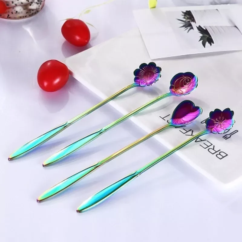

2023New 1pc Rainbow Flower Ice Spoon Sugar Spoon Tea Coffee Spoon Stir Bar Spoon Kitchen Gadget Stainless Steel Tableware