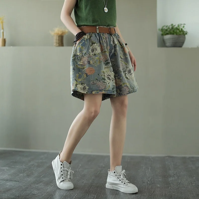 

Female High Waist Loose Denim Shorts with Pocket Summer Women Casual Shorts Vintage Floral Print Wide Leg Short Jeans Streetwear