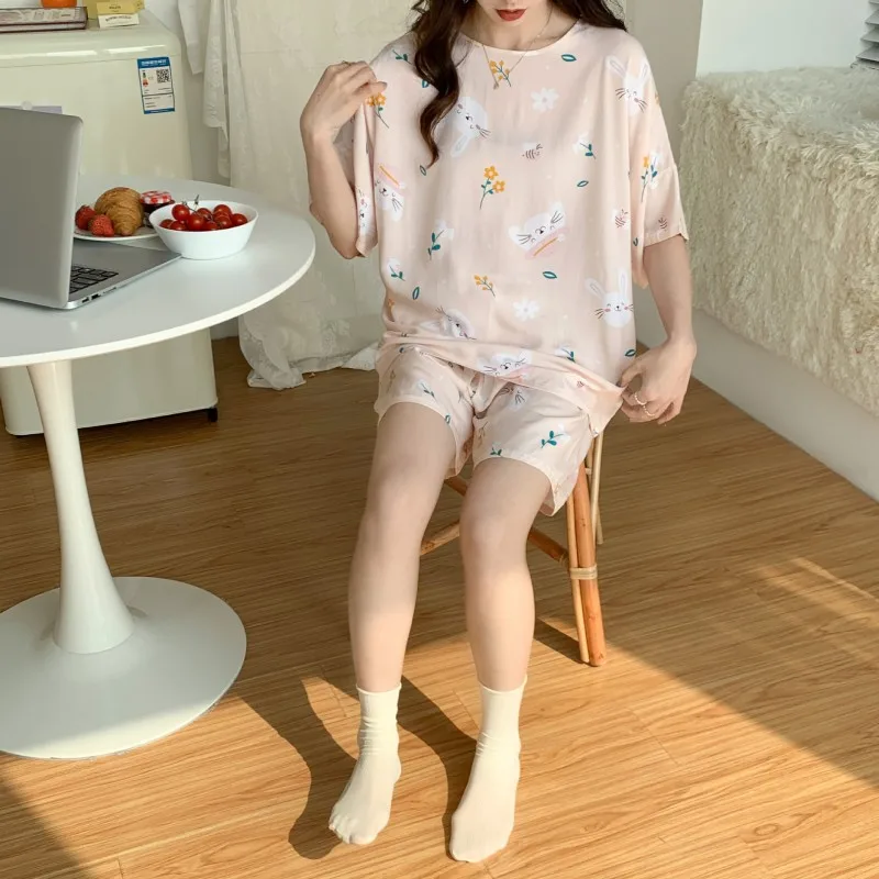 Young La Short Sleeve Pajama Suit One-Size Japanese Style Top Print Round Collar Cotton Set Girl Two Pieces Costume For Sleeping