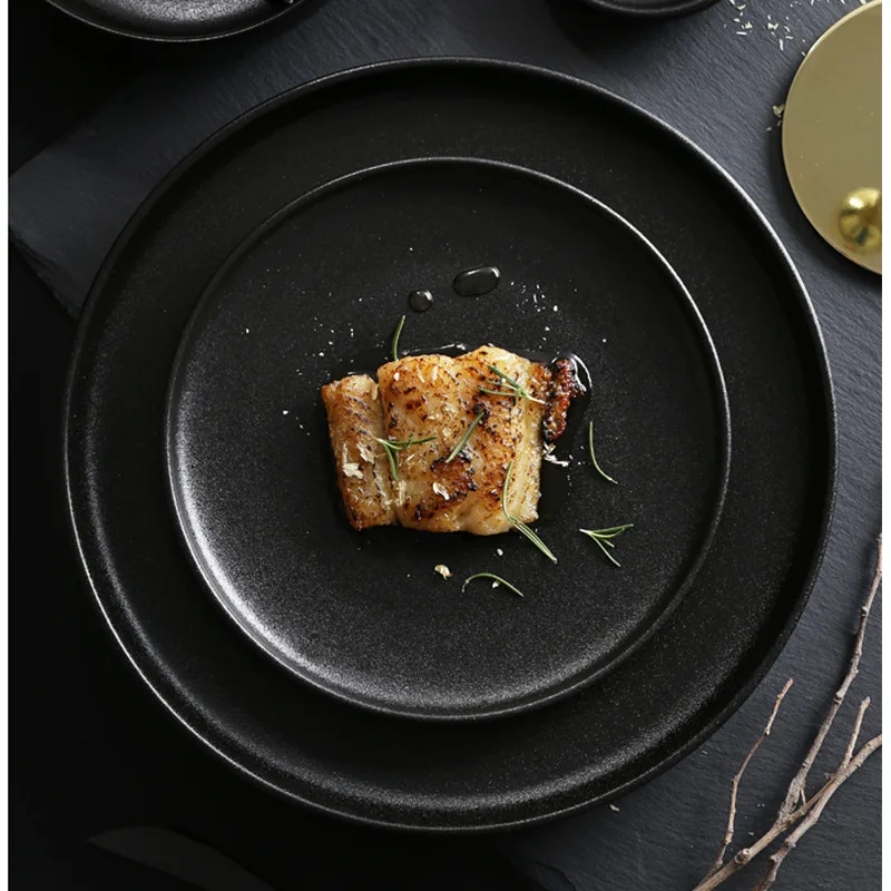 

Black Ceramic Dinner Steak Plate Porcelain Pasta Salad Snacks Dishes Wedding Gift Round Kitchen Tableware W4859