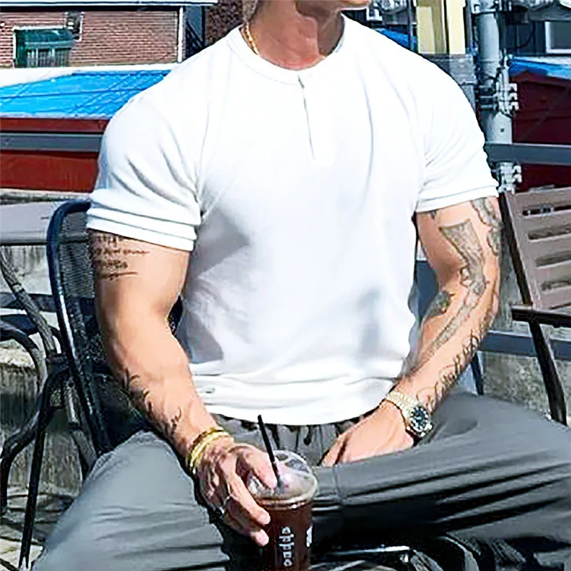 2022 new button collar Man Fashion T-shirt Shirt Casual Plain Color sleeve High Quality Slim Men Fitness homme tee |
