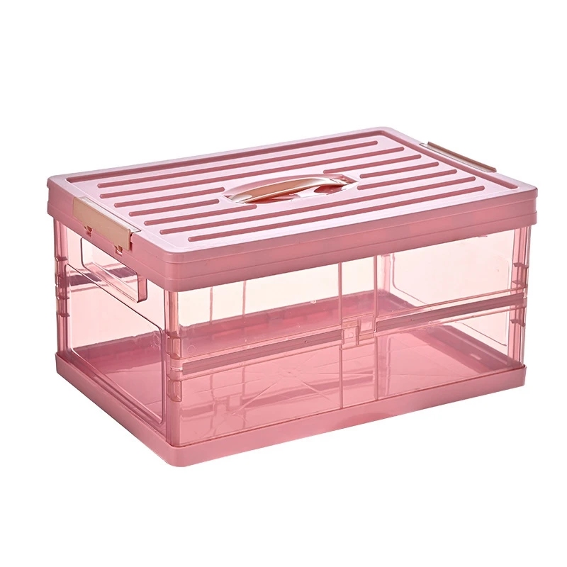 

Transparent Collapsible Storage Box,Storage Box for Household Use,Multifunctional Storage Box with Lid, Book Box-Pink
