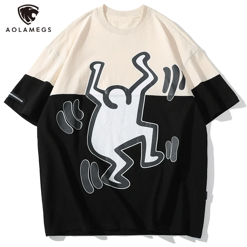 

Aolamegs Funny Cartoon Graffiti Print Hit Color T-shirt Men Hip Hop Punk Hipster Skateboard Tees Summer High Quality Tops Unisex