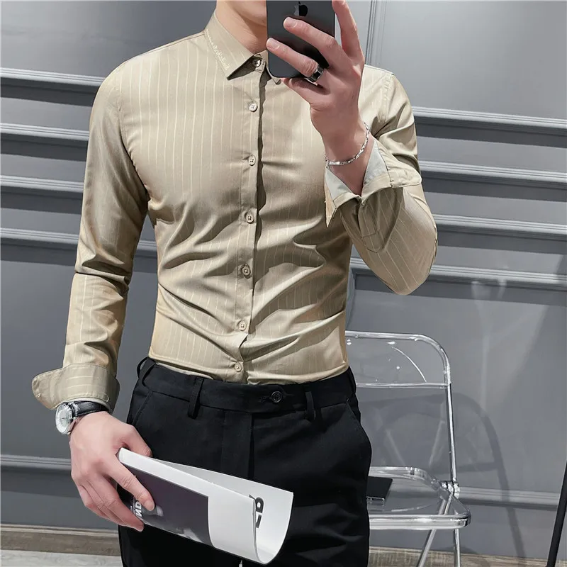 

Новая эксклюзивная модная мужская рубашка с длинным рукавом деловые повседневные корейские приталенные топы в полоску с вышивкой красивые мужские рубашки
