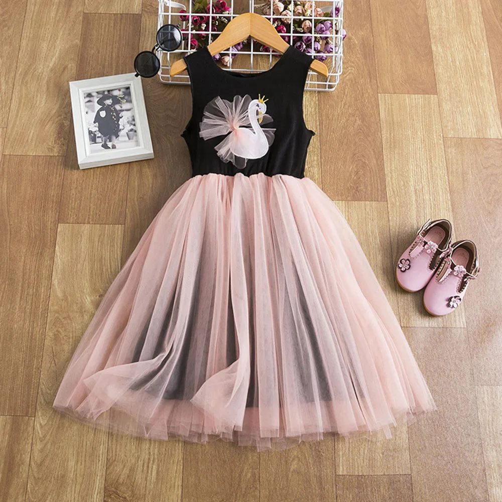 

Baby Girls Sweet Mesh Patchwork Lace Dress 2022 Summer Kids Cartoon Swan Cute Print Princess Dresses Fashion Children's Clothes