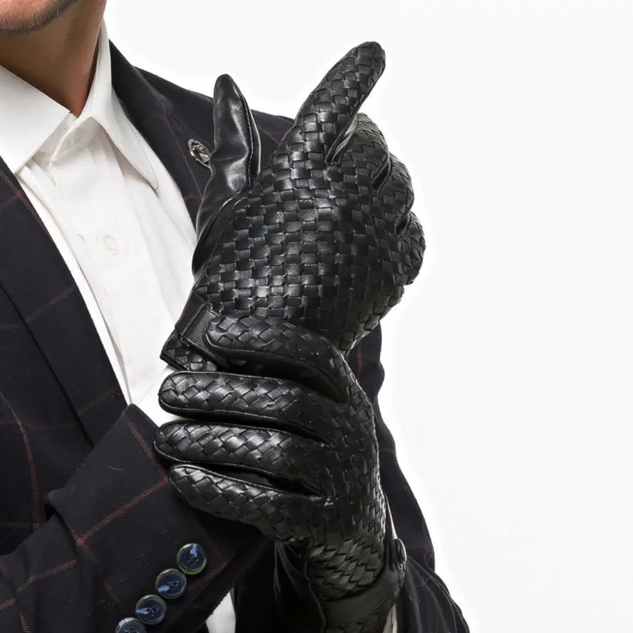 Luxury Goatskin Handmade Wave Men Gloves Full Finger Winter Genuine Leather Touchscreen Phone Buckle Button Gloves 3 Colors
