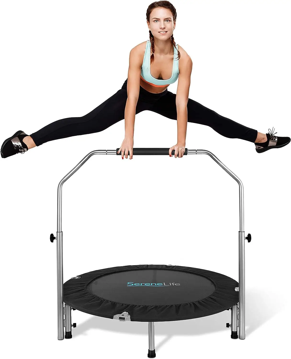 

Foldable Mini Trampoline, Fitness Rebounder with Adjustable Foam Handle, Exercise Trampoline for Adults Indoor/Garden Workout Ou