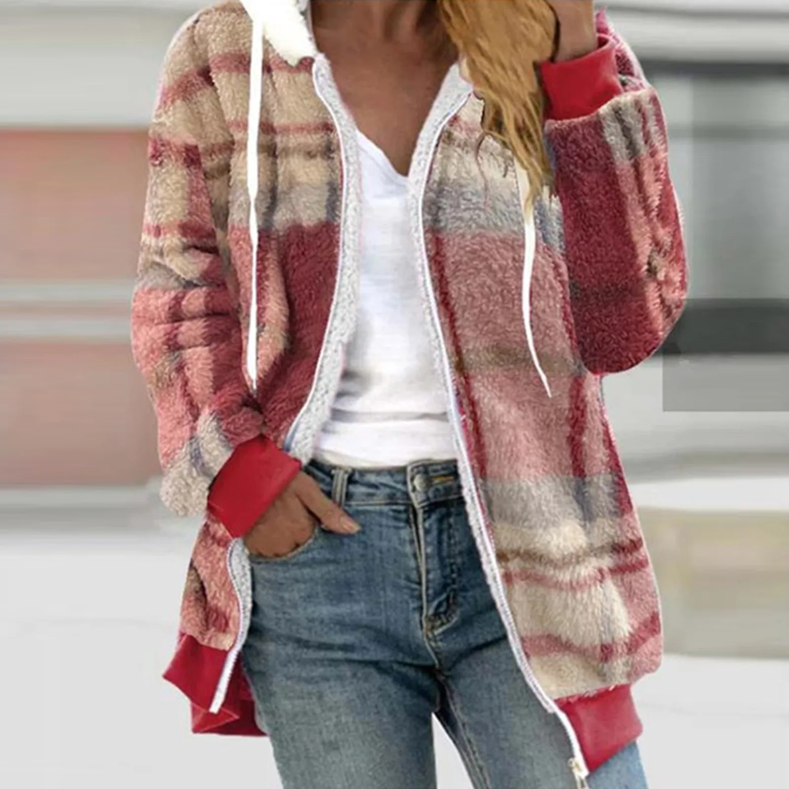 

Women'S Winter Autumn Thin Coat Casual Hooded Solid Belt Pocket Drawstring Hooded Faux Plush Zipper Ladies Long Sleeve Coat